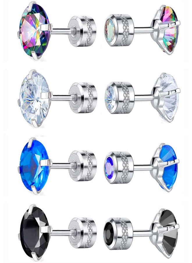 VOLUKA Pack of 4 Titanium Round CZ Screw Flat Back Earrings Hypoallergenic for Sensitive Ears - Image 1