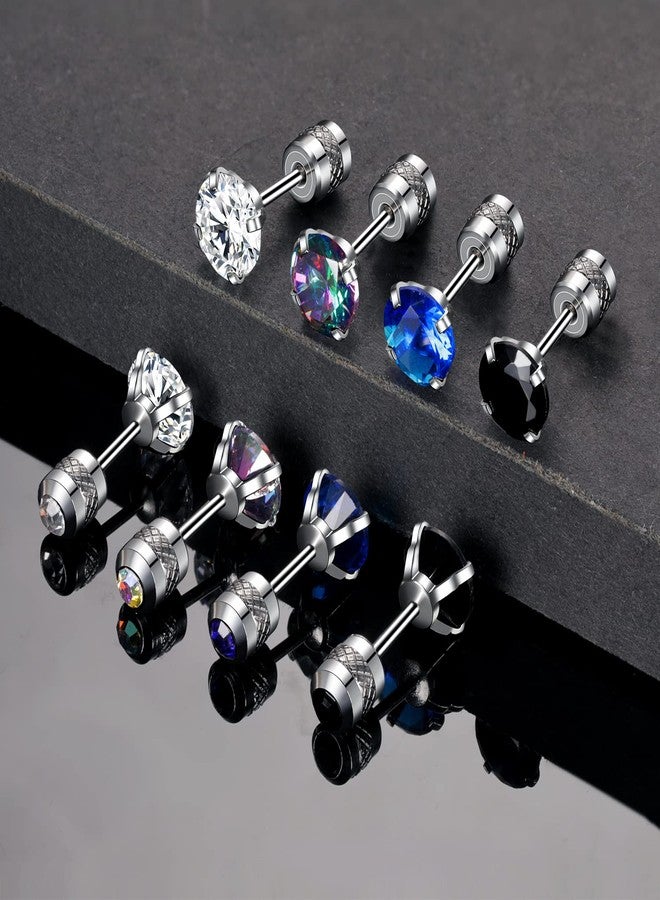 VOLUKA Pack of 4 Titanium Round CZ Screw Flat Back Earrings Hypoallergenic for Sensitive Ears - Image 5
