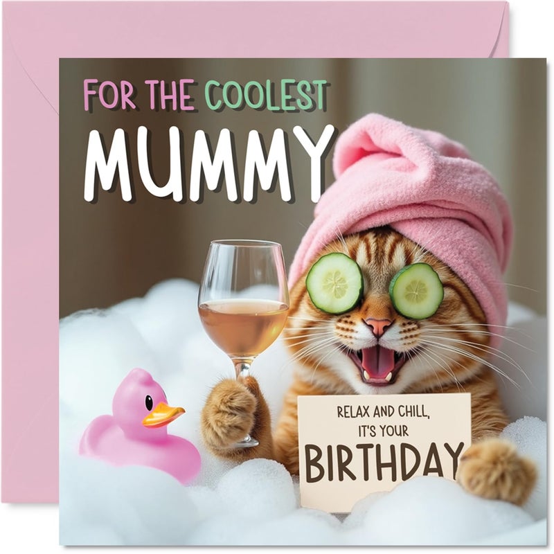 Stuff4 Funny Mummy Birthday Card - Relaxing Bath Cat - Cheeky Happy Birthday Card for Mummy from Son Daughter  5.7 Inch Joke Humor Bday Greeting Cards - Image 1