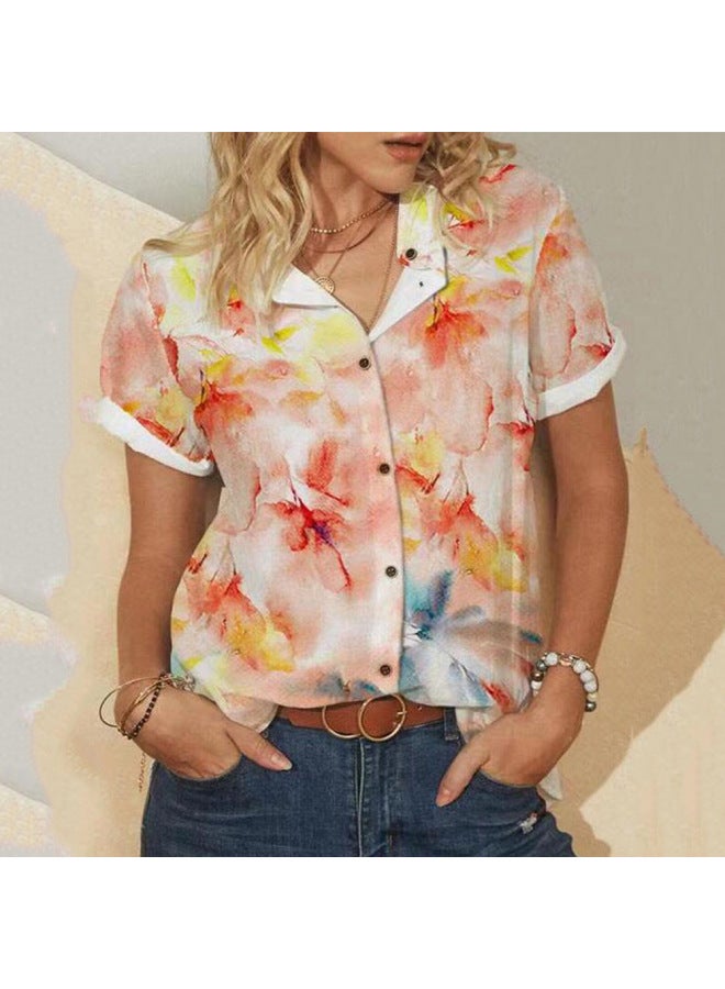 Loosely European And American Style Women's Distinctive Slim-fit Orange Urban Casual Short-sleeved Printed T-shirt