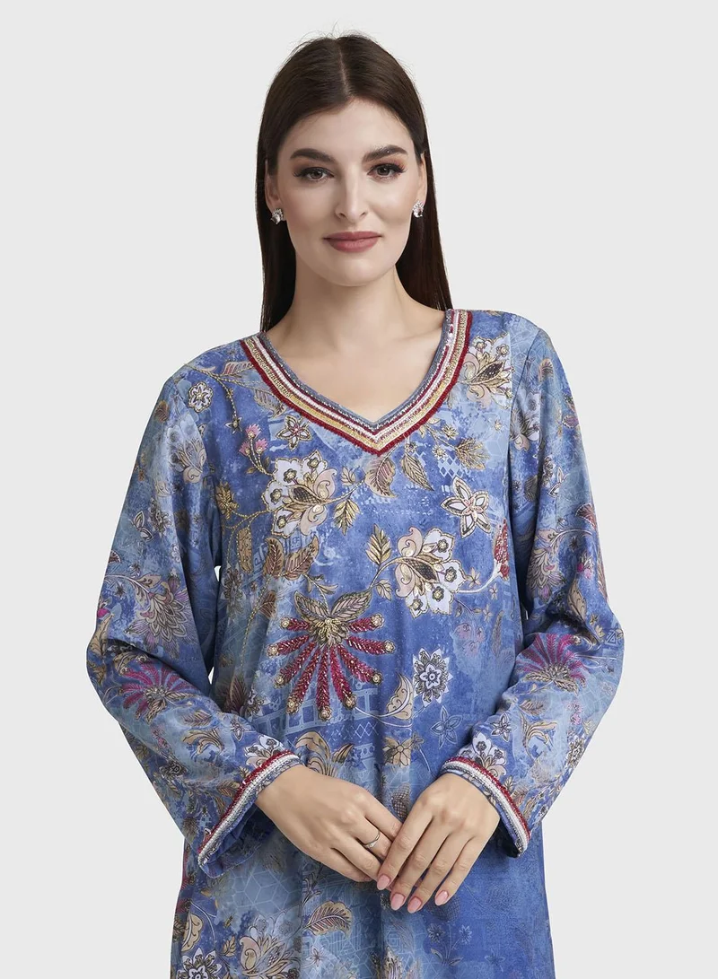 Kashkha Steal Blue Georgette Floral Print Dress (VDM916)