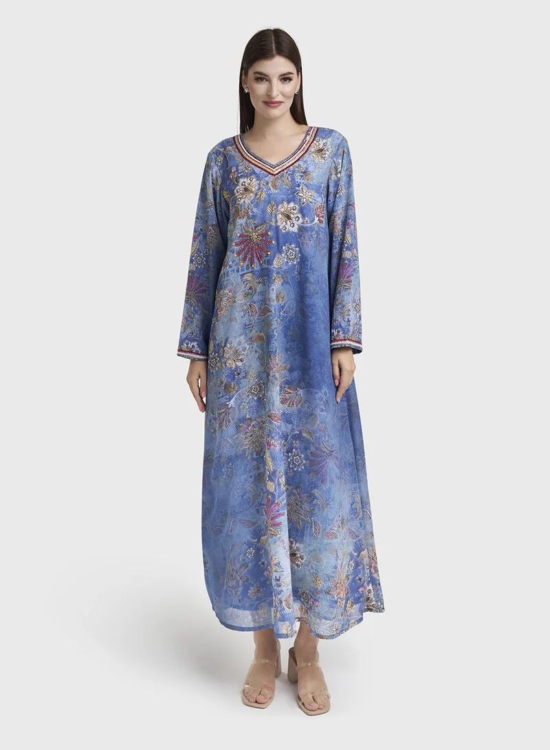 Kashkha Steal Blue Georgette Floral Print Dress (VDM916)