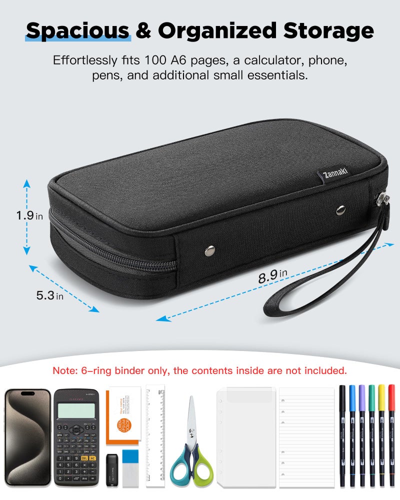 Zannaki A6 Zipper Binder, 6 Ring Personal Planner Journal Budget Binder Cover Case, Refillable Notebook Shell for Cash Envelope Loose Leaf Filler Paper Organizer Portable School Office Supplies, Black - Image 3