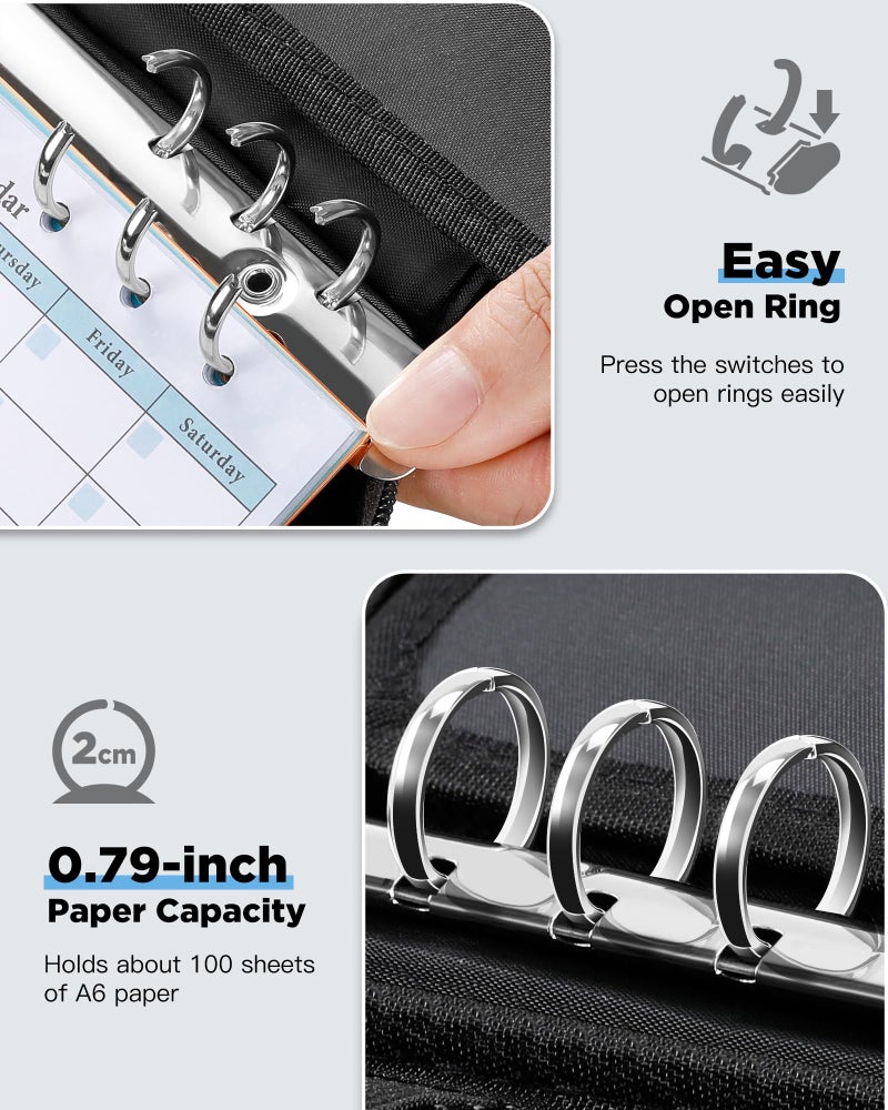 Zannaki A6 Zipper Binder, 6 Ring Personal Planner Journal Budget Binder Cover Case, Refillable Notebook Shell for Cash Envelope Loose Leaf Filler Paper Organizer Portable School Office Supplies, Black - Image 4