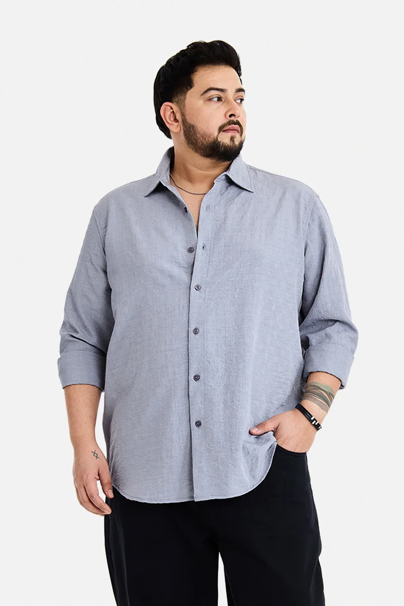 سنيتش Grey Textured Long Sleeve Regular Fit Plus Size Shirt