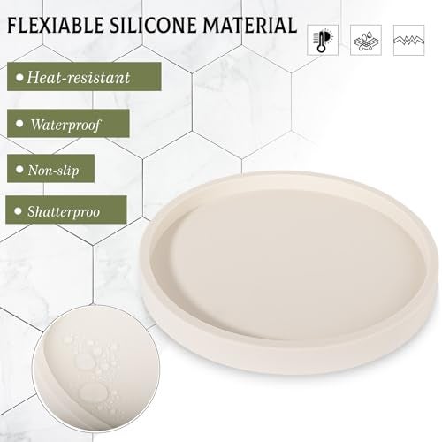 Heagoale Silicone Bathroom Tray Round Vanity Tray Decorative Soap Holder Kitchen Countertop Organizer Coffee Table Decor for Candle, Perfume, Plant, 9 Inch, Beige - Image 3