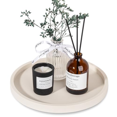 Heagoale Silicone Bathroom Tray Round Vanity Tray Decorative Soap Holder Kitchen Countertop Organizer Coffee Table Decor for Candle, Perfume, Plant, 9 Inch, Beige - Image 1