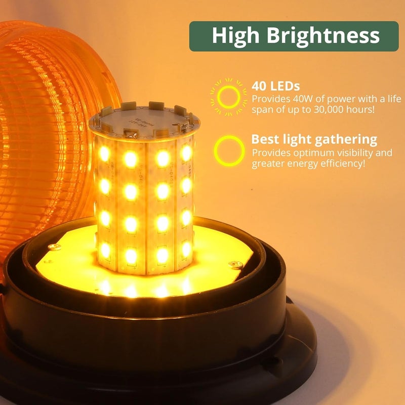 40 LED منارة دوارة، ضوء تحذير للسيارة بقوة 40 واط، ضوء دائري برتقالي، ضوء تحذير مغناطيسي وامض، ضوء ستروب منارة IP67 لشاحنات 12V/24V، مركبات، HGV، جرار | E57 IP67 - Image 3
