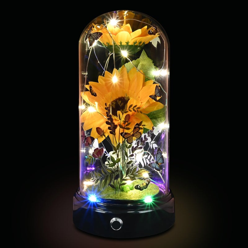 Techshare Mothers Day Flower Gifts for Mum Artificial Sunflower in Glass Dome Light Up Flower is Unusual Sunflower Gifts for WomenMumWifeHer on Valentines Day Mothers Day Anniversary Birthday Christmas