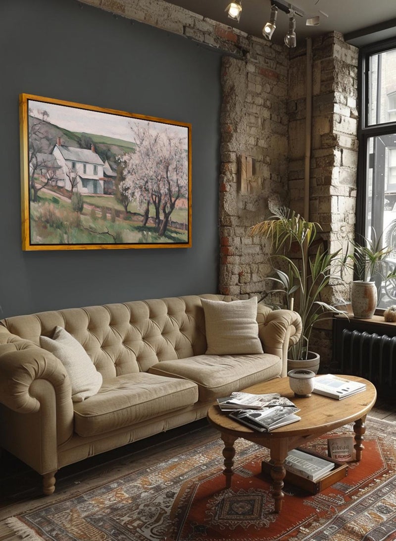 LOWHA Canvas Wall Art Stretched Over Wooden Frame with Wooden Color Floating Frame and Vintage Style House Surrounded By Greenery Painting - Image 2