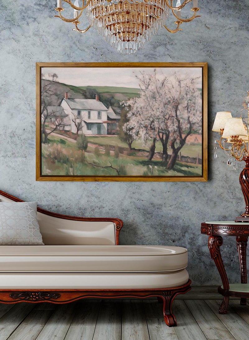 LOWHA Canvas Wall Art Stretched Over Wooden Frame with Wooden Color Floating Frame and Vintage Style House Surrounded By Greenery Painting - Image 1