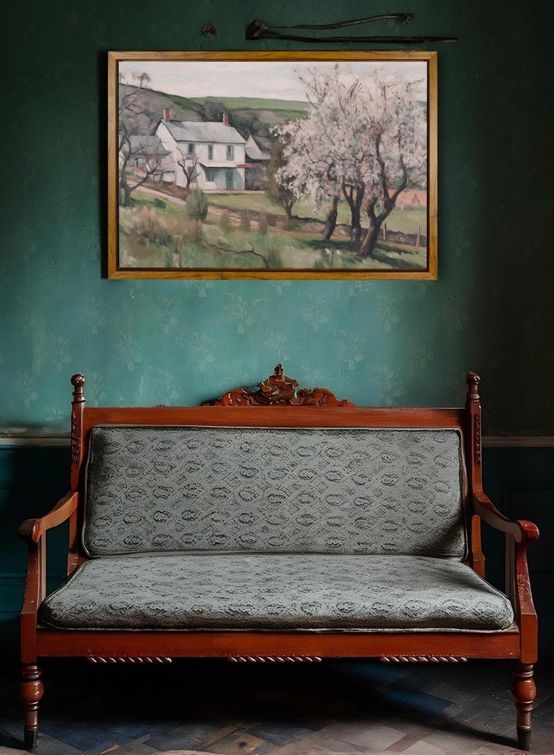 LOWHA Canvas Wall Art Stretched Over Wooden Frame with Wooden Color Floating Frame and Vintage Style House Surrounded By Greenery Painting - Image 3