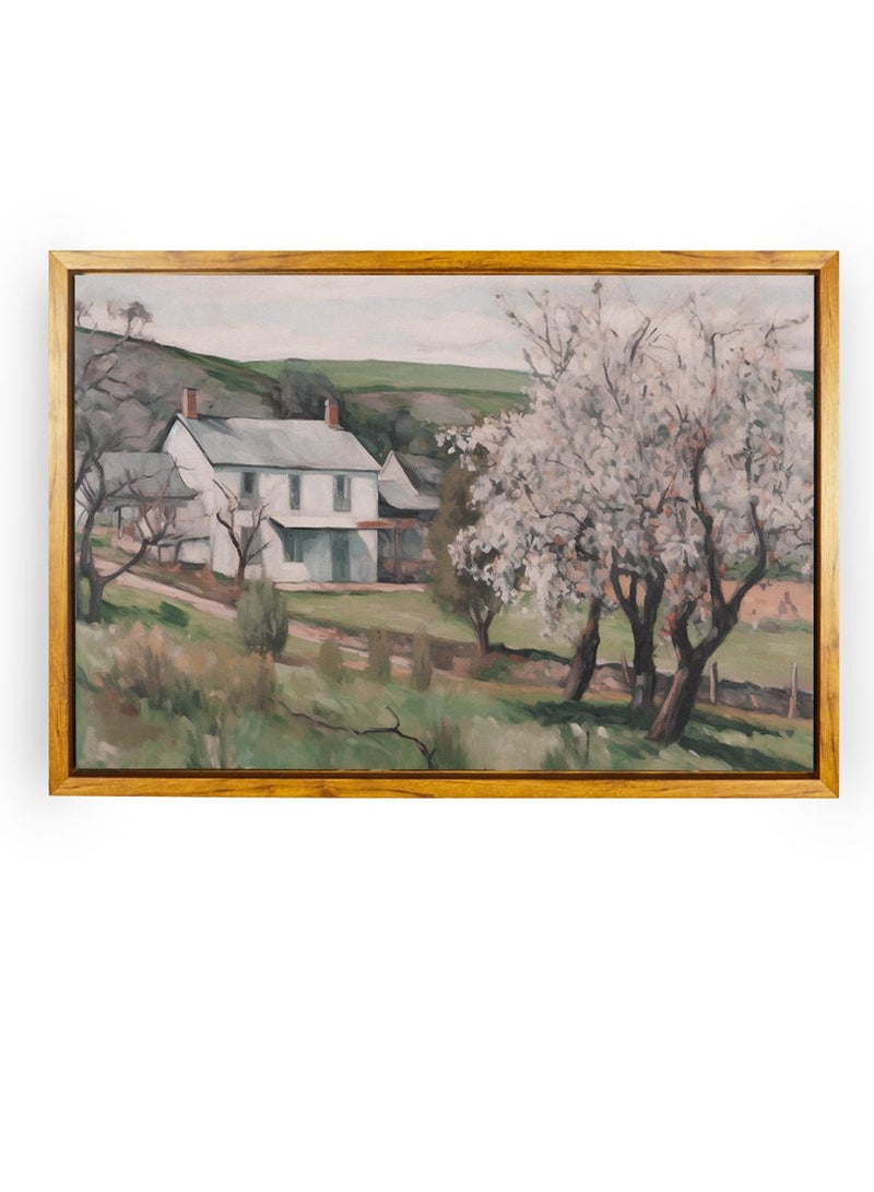 LOWHA Canvas Wall Art Stretched Over Wooden Frame with Wooden Color Floating Frame and Vintage Style House Surrounded By Greenery Painting - Image 5