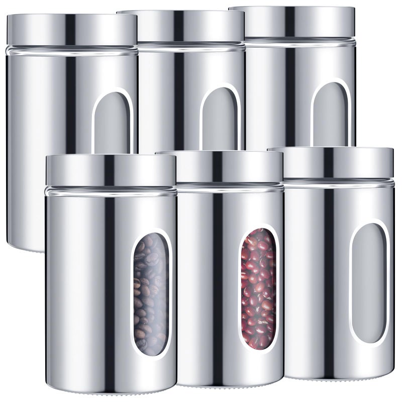 Mimorou 6 Pack Kitchen Canisters Set Airtight Coffee Sugar Tea Candy Storage Jars with Window Glass Stainless Steel Containers with Lids for Flour Cookies Spices Grains Kitchen Decorations(32 oz) - Image 1