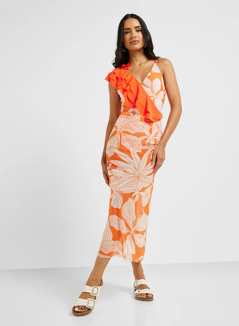 ELLA Floral Print One Shoulder Ruffled Swimsuit & Beach Skirt