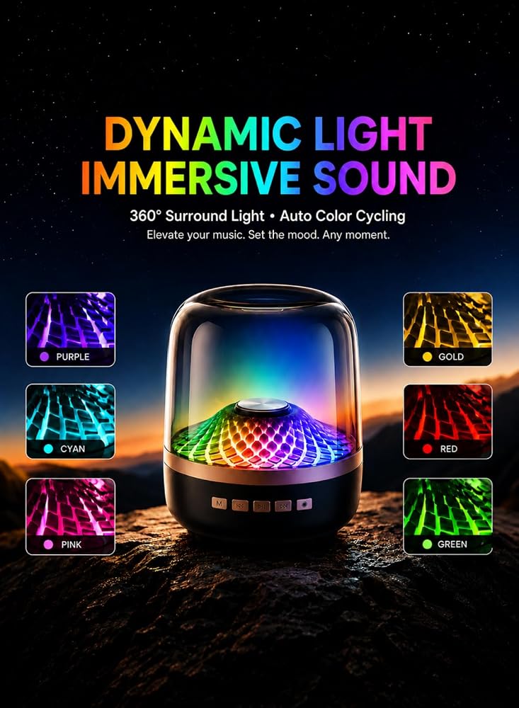 LOOPITYS Bluetooth 5.3 Wireless Speaker,20W 360° Surround Sound Speaker with RGB Ambient Light,Rechargeable Portable Speaker Support TF Card AUX USB Hands‑Free Call for Home Party - Image 2