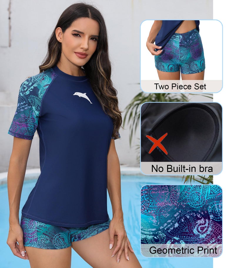 Halcurt Women 2 Piece Rash Guard Short Sleeve UV Protection Swimsuits with Bottoms Navy XL - Image 5