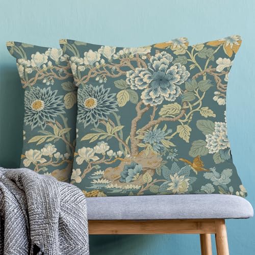 CXMEIFLY Chinoiserie Pillow Covers 18 x 18 Inch Set of 2 Vintage Blue Green Teal Floral Decor Throw Pillows Retro Rustic Flowers Outdoor Farmhouse Linen Decorative Pillowcases for Couch Bed Sofa - Image 2