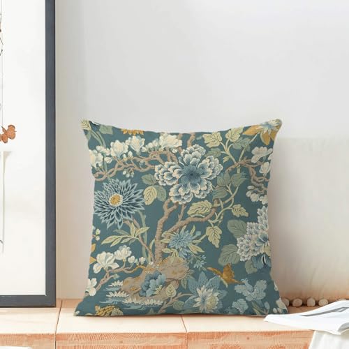 CXMEIFLY Chinoiserie Pillow Covers 18 x 18 Inch Set of 2 Vintage Blue Green Teal Floral Decor Throw Pillows Retro Rustic Flowers Outdoor Farmhouse Linen Decorative Pillowcases for Couch Bed Sofa - Image 3