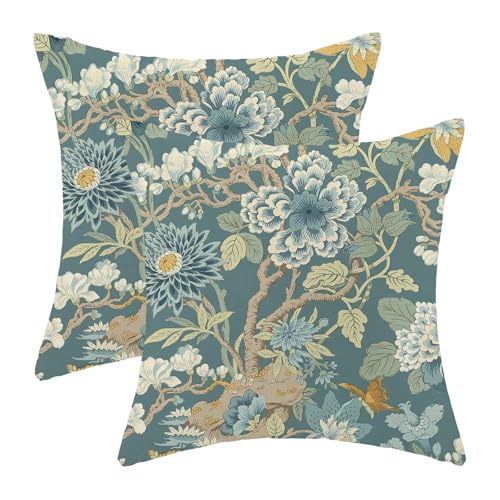 CXMEIFLY Chinoiserie Pillow Covers 18 x 18 Inch Set of 2 Vintage Blue Green Teal Floral Decor Throw Pillows Retro Rustic Flowers Outdoor Farmhouse Linen Decorative Pillowcases for Couch Bed Sofa - Image 1