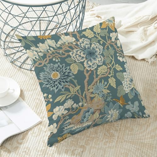 CXMEIFLY Chinoiserie Pillow Covers 18 x 18 Inch Set of 2 Vintage Blue Green Teal Floral Decor Throw Pillows Retro Rustic Flowers Outdoor Farmhouse Linen Decorative Pillowcases for Couch Bed Sofa - Image 4