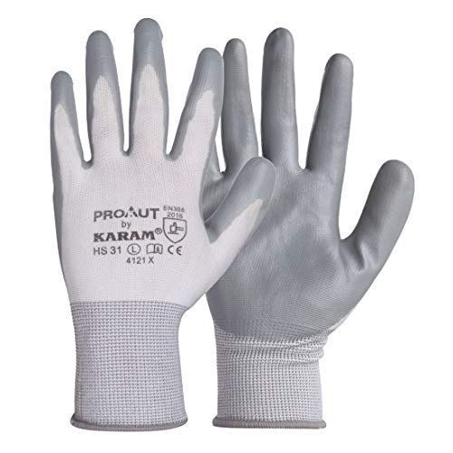 Karam HS31 Safety Gloves for Mechanical Hazards | Safety Work Gloves with White Liner with Grey Nitrile Coating | Industrial Use | Cut Resistant | Abrasion, Tear & Puncture Resistant | Size-L - Image 1