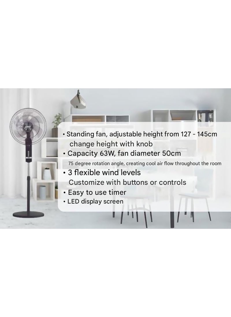 Rapido - Rapido RWF-20AHD 20-Inch Standing Fan with Remote Control, 3 Wind Levels, LED Display & Adjustable Height (Up to 1.45m) - Image 1