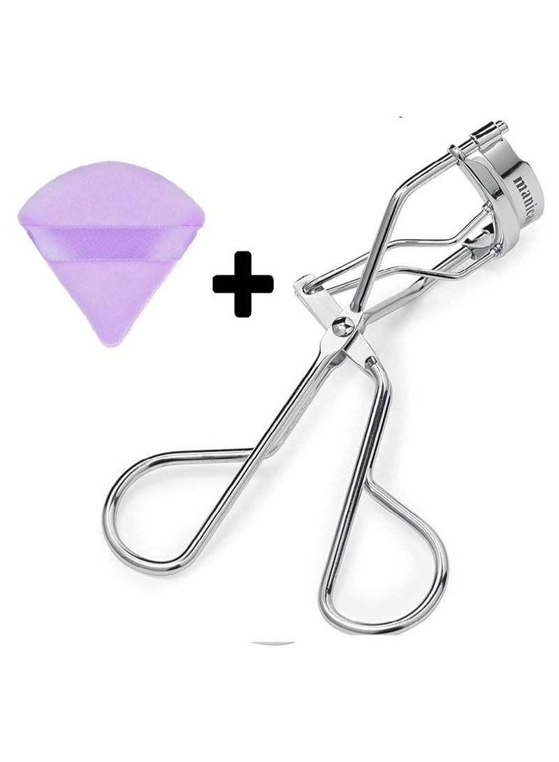 Professional stainless steel eyelash curler + sponge for applying makeup and powder applicator  – This professional eyelash curler features a comfortable grip for a natural, all-day curl and a soft silicone pad to protect your lashes. - Image 2