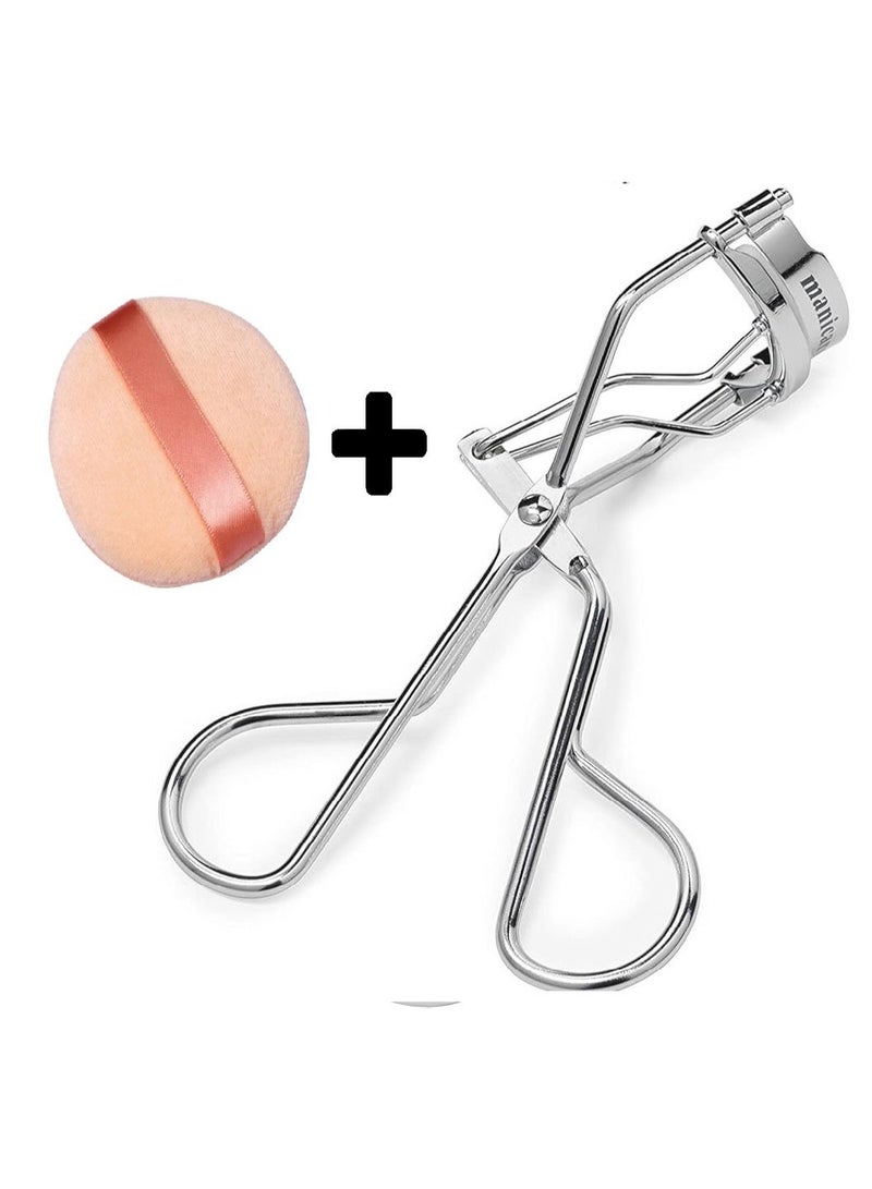 Professional stainless steel eyelash curler + sponge for applying makeup and powder applicator  – This professional eyelash curler features a comfortable grip for a natural, all-day curl and a soft silicone pad to protect your lashes. - Image 1