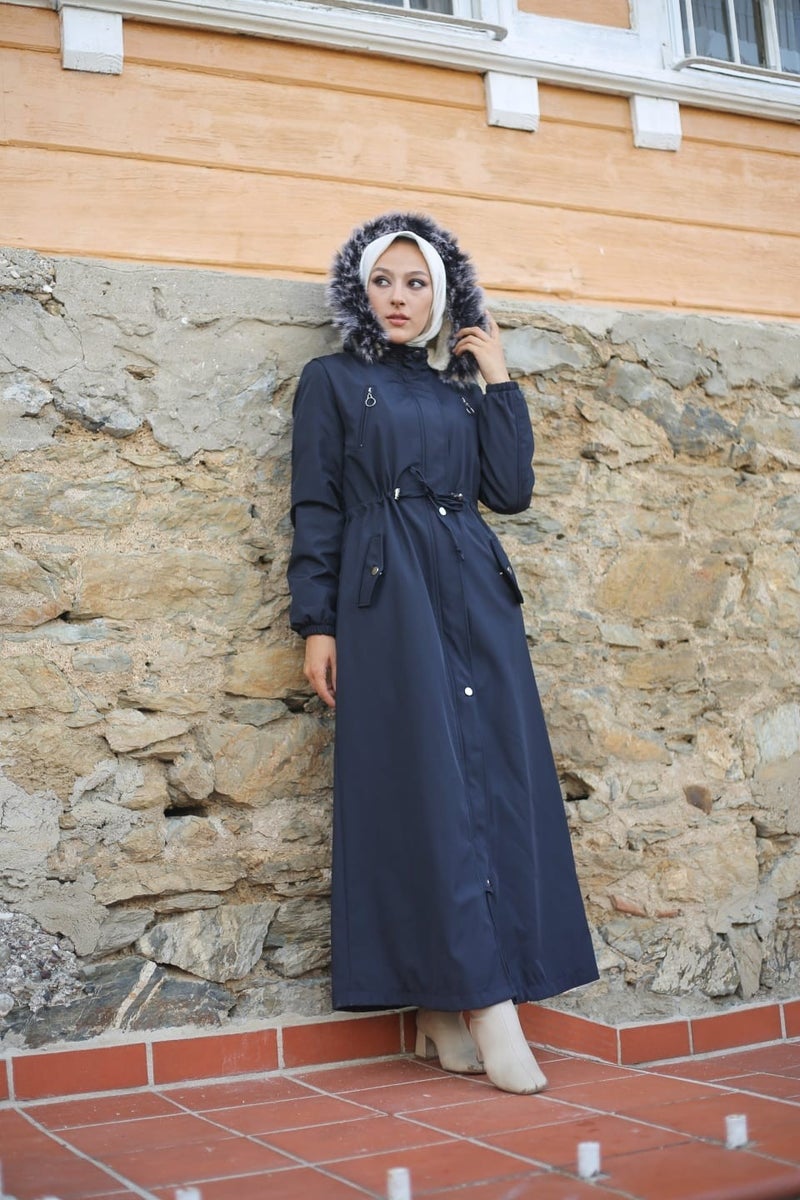Vibeys Collection Navy Blue Fur Lined and Waterproof Plus Size Oversized Full Length Women's Winter Coat & Jacket - Image 3