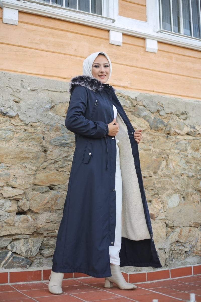 Vibeys Collection Navy Blue Fur Lined and Waterproof Plus Size Oversized Full Length Women's Winter Coat & Jacket - Image 4