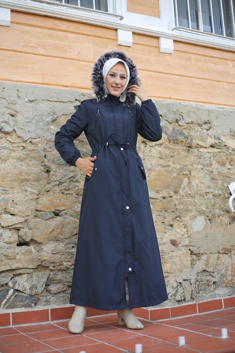 Vibeys Collection Navy Blue Fur Lined and Waterproof Plus Size Oversized Full Length Women's Winter Coat & Jacket - Image 1