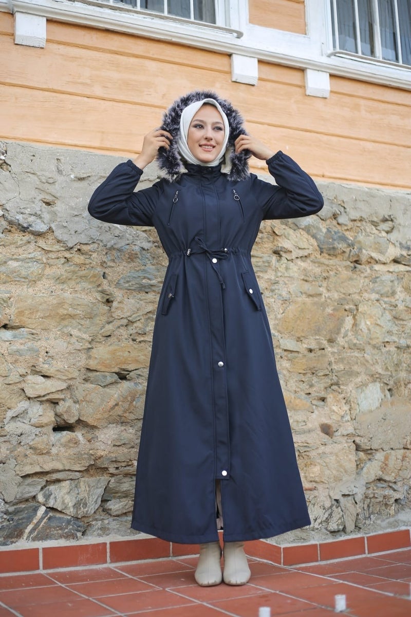 Vibeys Collection Navy Blue Fur Lined and Waterproof Plus Size Oversized Full Length Women's Winter Coat & Jacket - Image 2