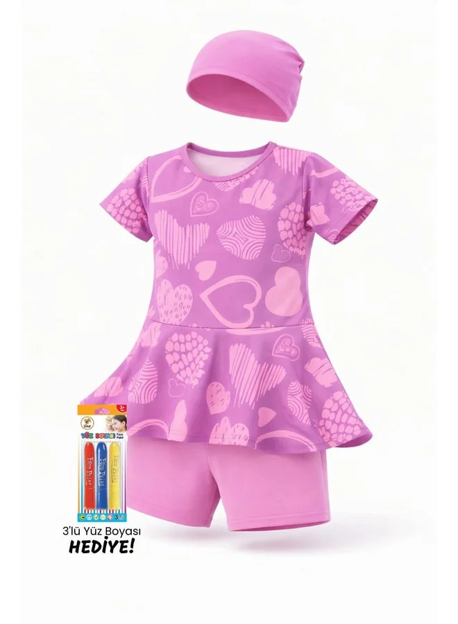 zuzunga Purple Girls' Swimsuit Set with Heart Print and Bow