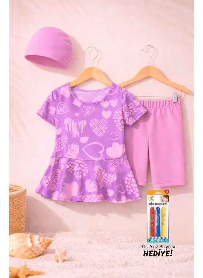 zuzunga Purple Girls' Swimsuit Set with Heart Print and Bow