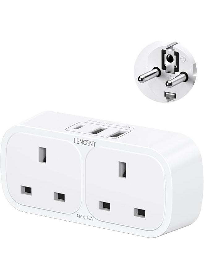 Lencent LENCENT UK to EU Euro European Plug Adapter with 1 Type C and 2 USB Ports, 2 Way Grounded Travel Adapter for Spain Germany France Portugal Greece Russia Netherlands Turkey and more(Type E/F)  - Image 1