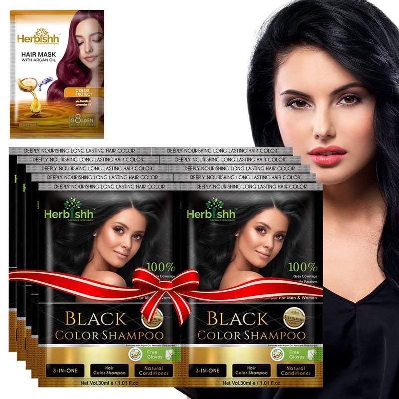 Herbishh Natural Hair Dye Shampoo with Argan Mask - Long-Lasting Color for Gray Hair - Travel Size, 10+1 Pack, Ammonia-Free (Black) - Image 1