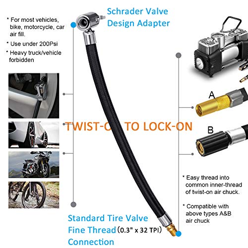 LUMITECO 2 PCS Locking Air Chuck with Air Hose and Standard Tire Valve Fine Thread, Air Inflator Hose Adapter for Twist On Convert to Lock On Connection - Image 5