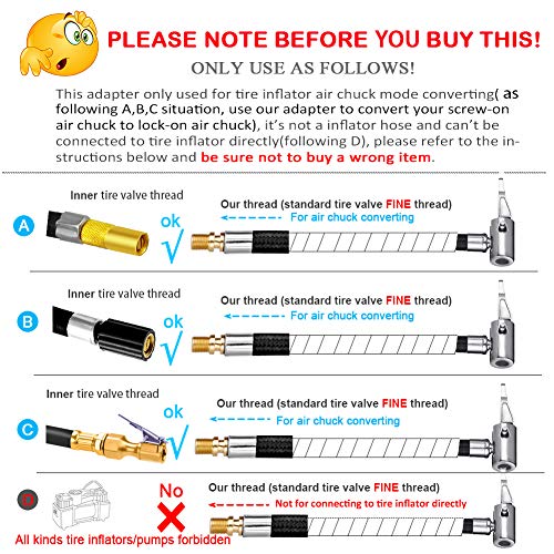 LUMITECO 2 PCS Locking Air Chuck with Air Hose and Standard Tire Valve Fine Thread, Air Inflator Hose Adapter for Twist On Convert to Lock On Connection - Image 2