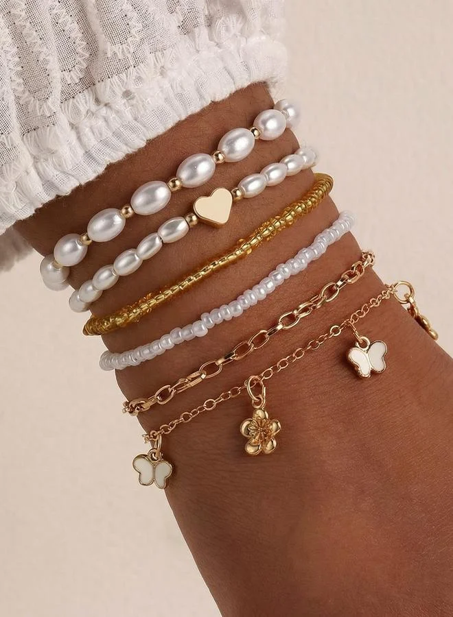 Pack of 6 - Multi-Color Faux Pearl and Charm Bracelet