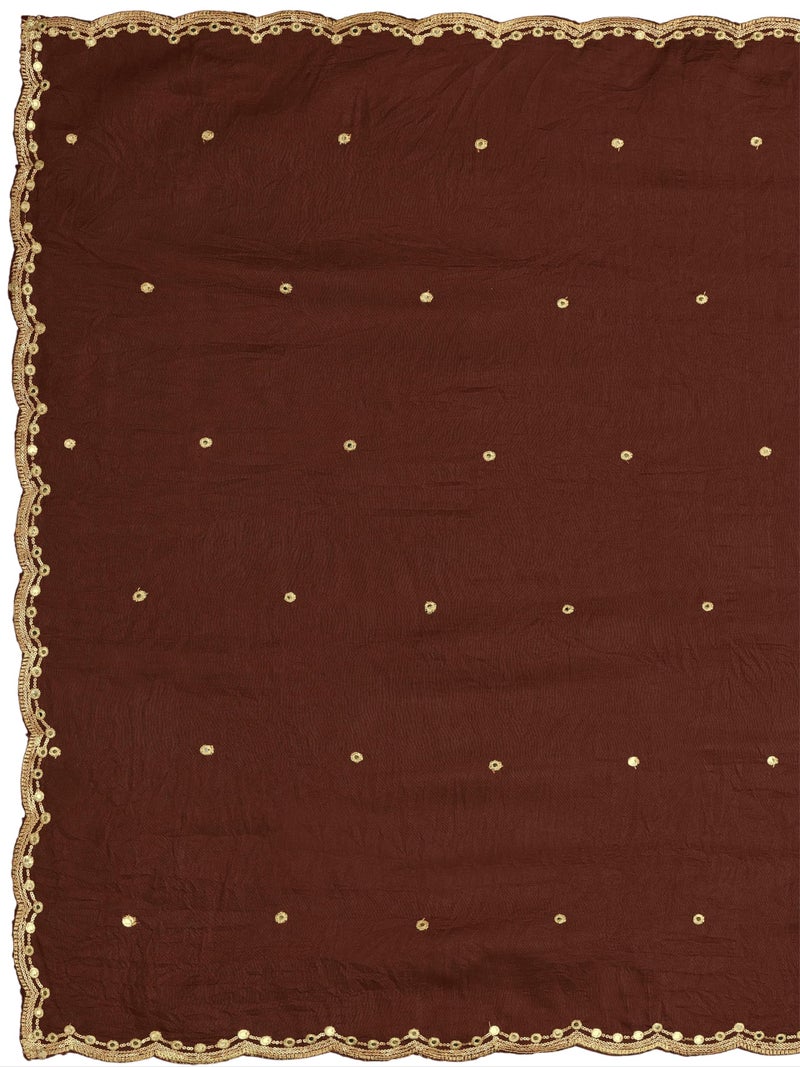 KEMZA Vintage Dupatta Vichitra Silk Embroidered Mirror Work Floral Butti Design with Embroidered Border for Women (Brown, Free Size) - Image 5