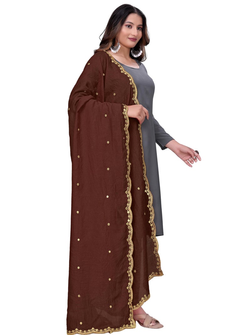 KEMZA Vintage Dupatta Vichitra Silk Embroidered Mirror Work Floral Butti Design with Embroidered Border for Women (Brown, Free Size) - Image 3