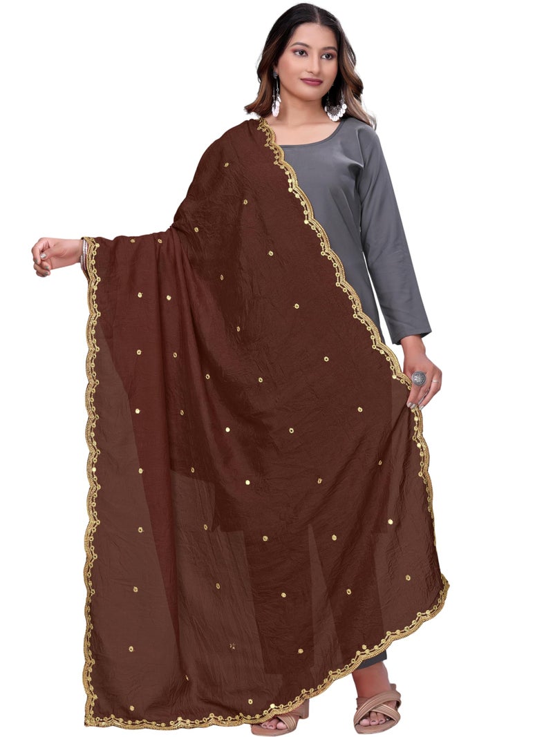 KEMZA Vintage Dupatta Vichitra Silk Embroidered Mirror Work Floral Butti Design with Embroidered Border for Women (Brown, Free Size) - Image 1