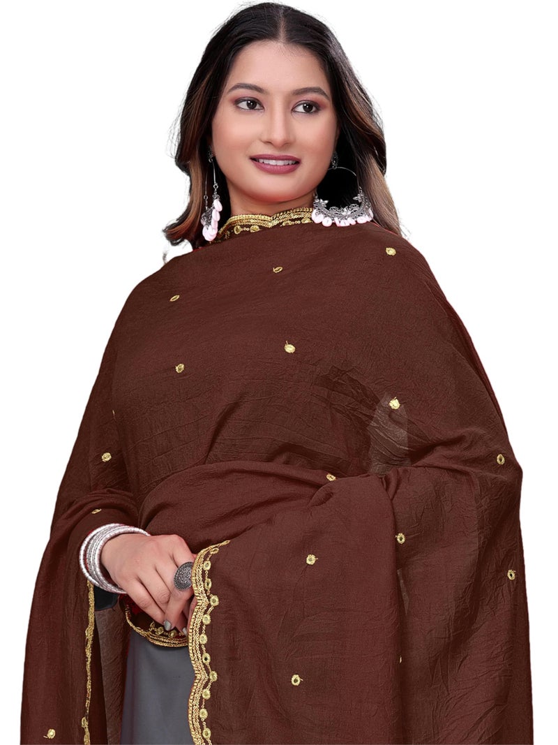 KEMZA Vintage Dupatta Vichitra Silk Embroidered Mirror Work Floral Butti Design with Embroidered Border for Women (Brown, Free Size) - Image 2