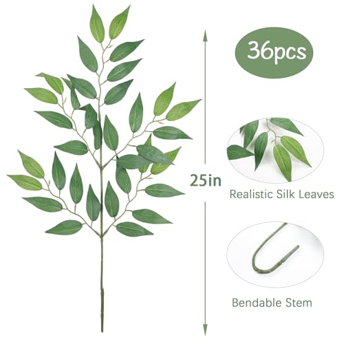 mizii 36pcs Italian Ruscus Artificial Greenery Stems Silk Green Leaves 20in Fake Spray Plants Stem Garland Greenery Decoration for Centerpieces Wedding Arch Flower Bouquet Table Room Wall Decor (36) - Image 2