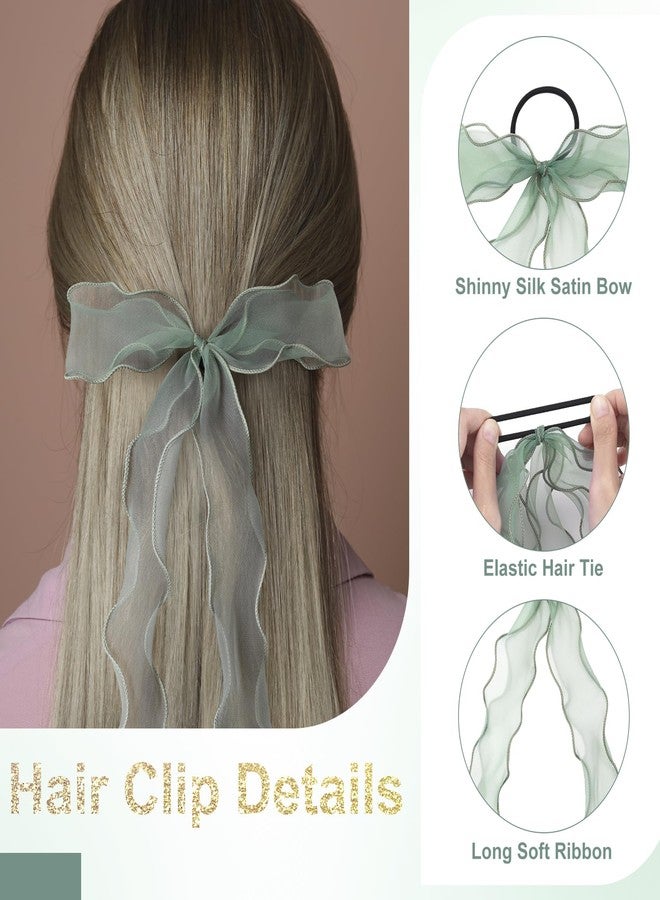 STSTR 2Pcs Large Bow Hair Ties, Light Green Organza Ribbon Bow Hair Scrunchies for Women, Elegant Long Tail Bowknot Ponytail Holder French Hairstylist Accessories for Wedding, Parties, Festivals - Image 4