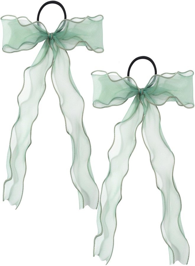 STSTR 2Pcs Large Bow Hair Ties, Light Green Organza Ribbon Bow Hair Scrunchies for Women, Elegant Long Tail Bowknot Ponytail Holder French Hairstylist Accessories for Wedding, Parties, Festivals - Image 1