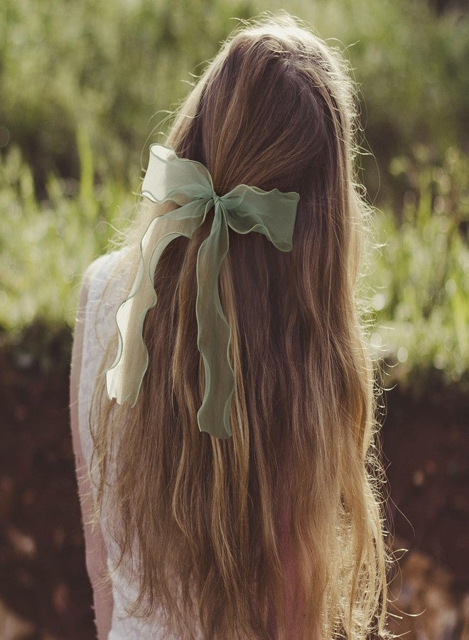STSTR 2Pcs Large Bow Hair Ties, Light Green Organza Ribbon Bow Hair Scrunchies for Women, Elegant Long Tail Bowknot Ponytail Holder French Hairstylist Accessories for Wedding, Parties, Festivals - Image 5