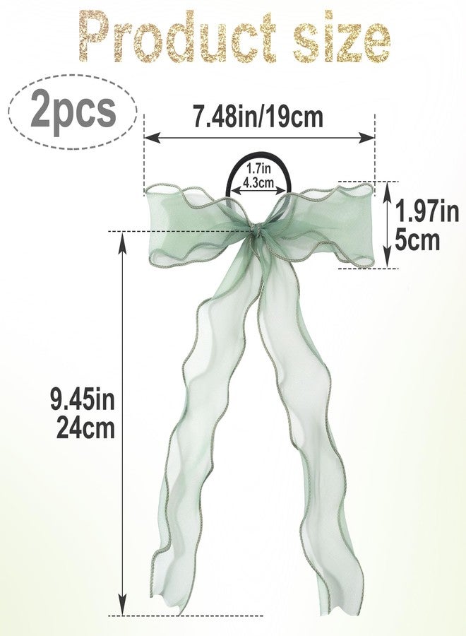 STSTR 2Pcs Large Bow Hair Ties, Light Green Organza Ribbon Bow Hair Scrunchies for Women, Elegant Long Tail Bowknot Ponytail Holder French Hairstylist Accessories for Wedding, Parties, Festivals - Image 2