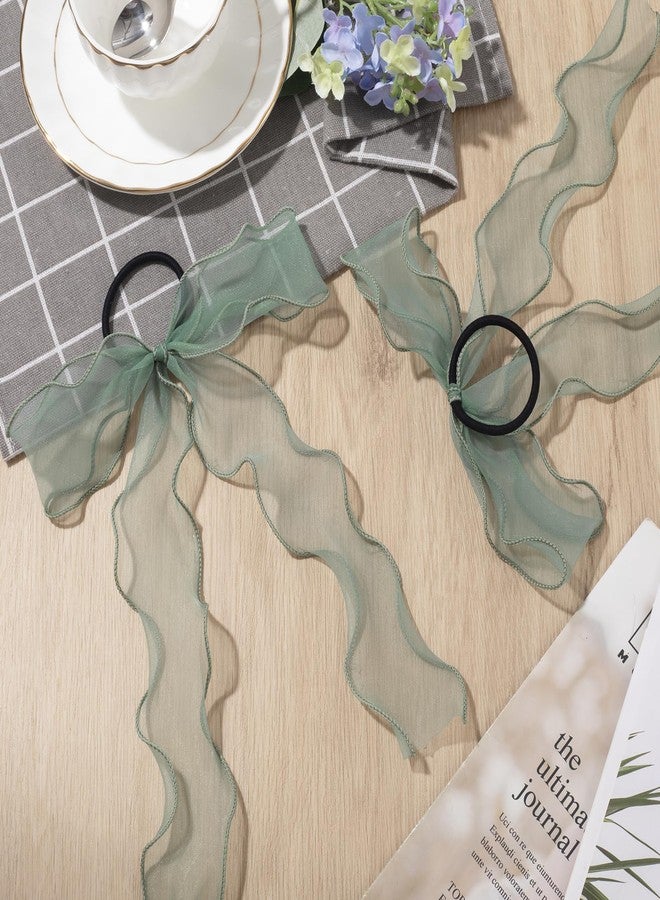 STSTR 2Pcs Large Bow Hair Ties, Light Green Organza Ribbon Bow Hair Scrunchies for Women, Elegant Long Tail Bowknot Ponytail Holder French Hairstylist Accessories for Wedding, Parties, Festivals - Image 3